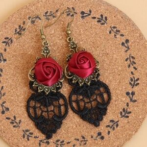Black Lace Bella Gothic Vampire Red Rose Earrings